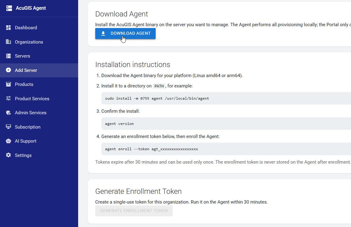 AcuGIS Agent dashboard showing installed GIS applications, service status, and system resource monitoring