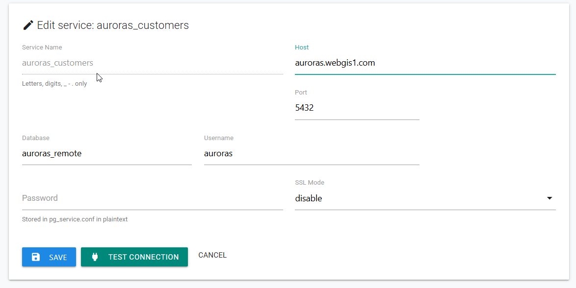 Edit PostGIS service form showing the service connection fields and save and test actions