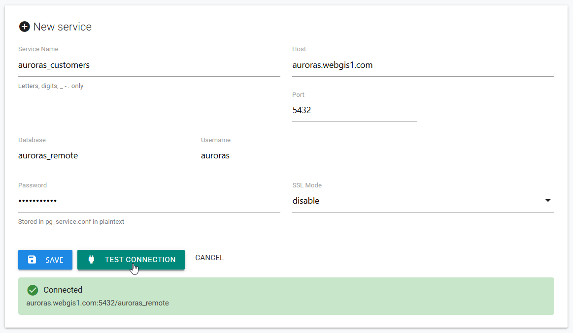 New PostGIS service form showing completed connection fields and a successful Connected result