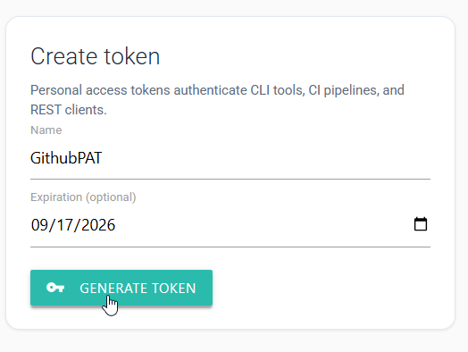 Create token form with a name, expiration date, and Generate Token button