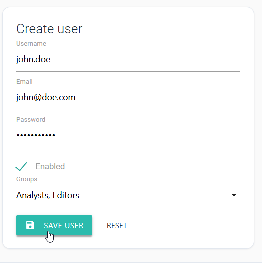 Create user form ready to save with Analysts and Editors assigned