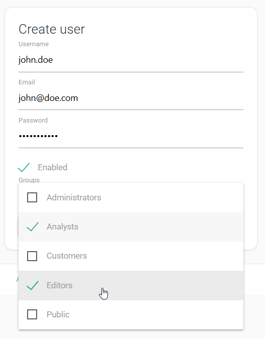 Create user form with Analysts and Editors selected from the Groups list