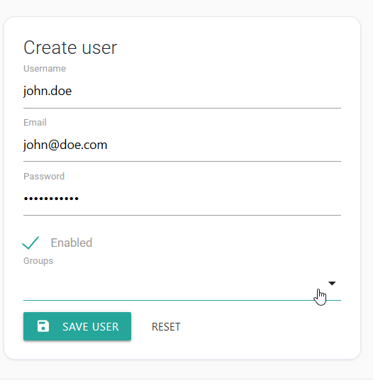 Create user form with username, email, password, and Enabled fields completed