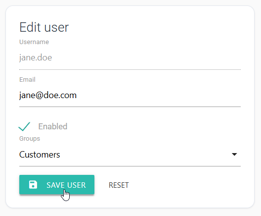Edit user form for jane.doe showing email, Enabled status, and Customers group
