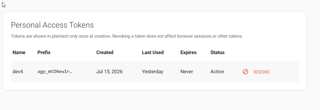 Personal Access Tokens list showing token metadata and the Revoke action