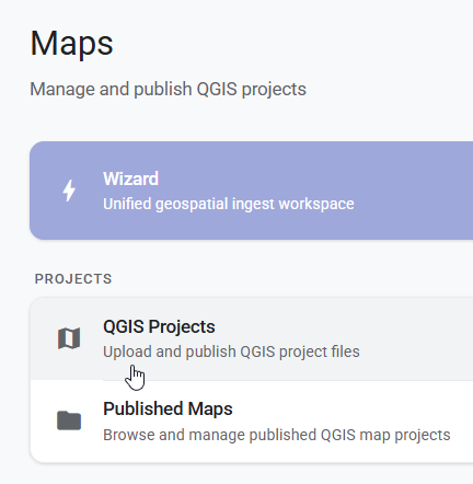 Maps page with QGIS Projects selected