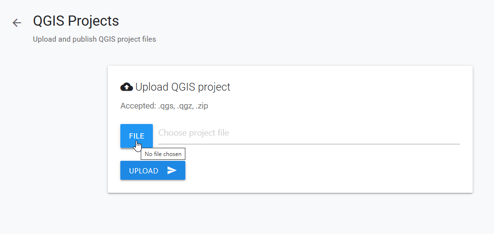 QGIS Projects upload page with File button