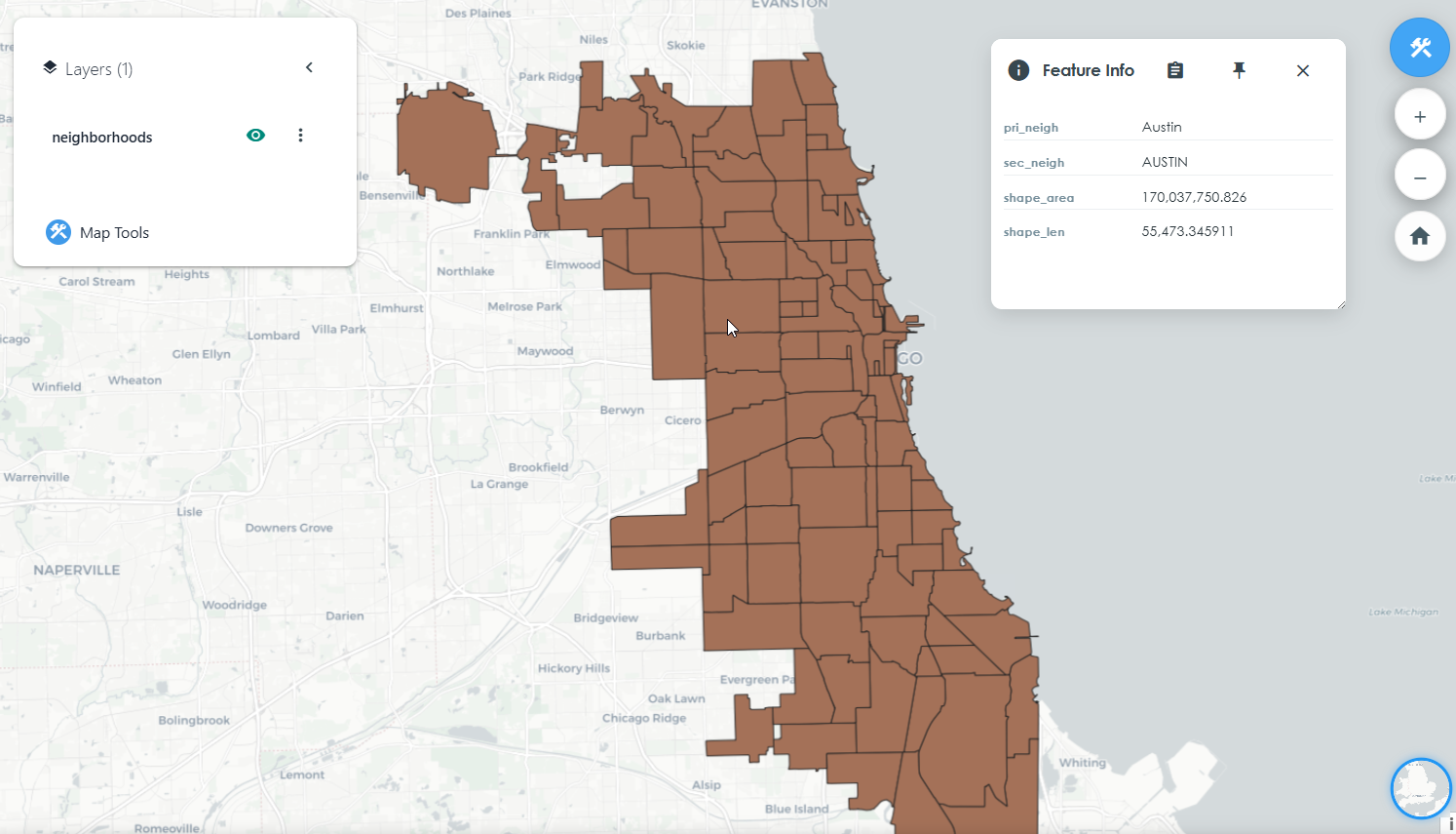 Published QGIS map with a layer and feature information visible