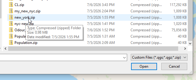 File dialog with a QGIS project zip archive selected