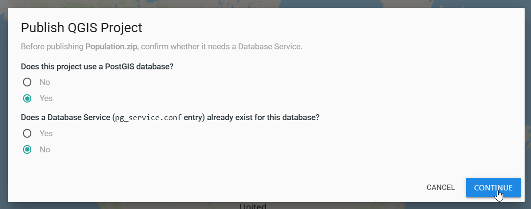Publish QGIS Project dialog for a PostGIS project without an existing Database Service