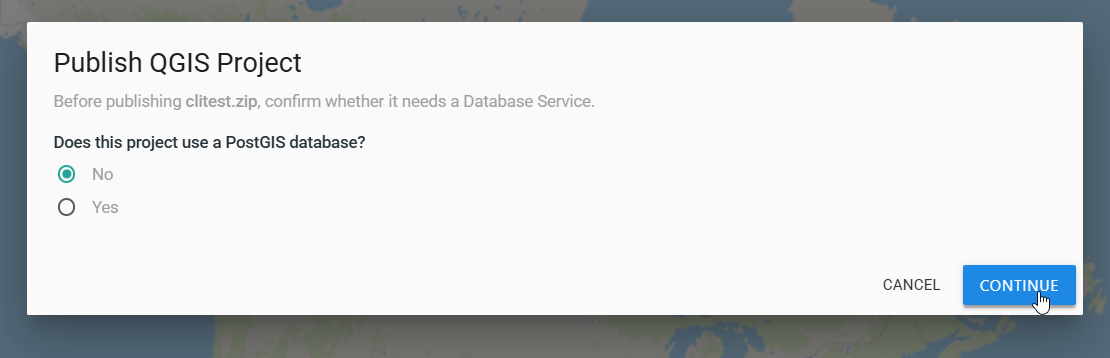 Publish QGIS Project dialog with No selected for PostGIS