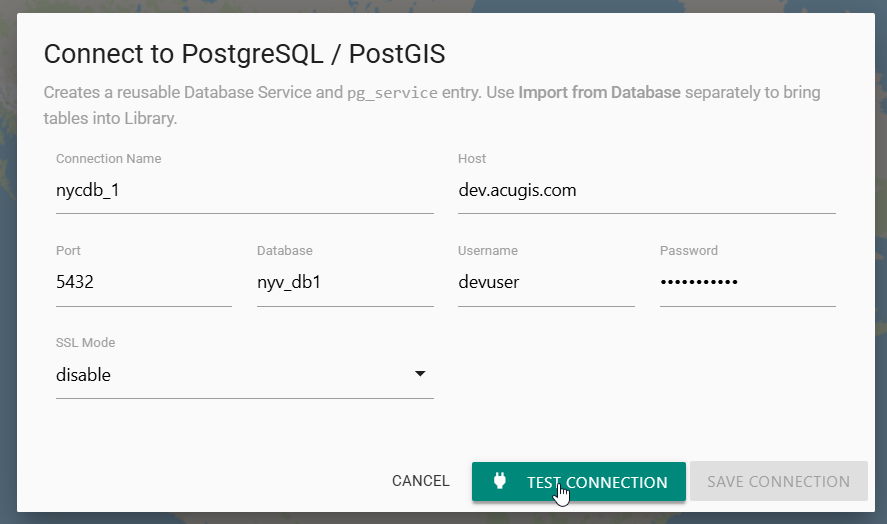 Connect to PostgreSQL and PostGIS dialog with connection fields