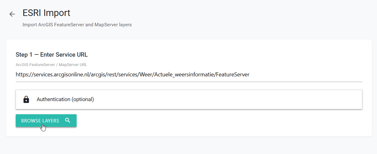 ESRI Import page with an ArcGIS FeatureServer URL and Browse Layers button