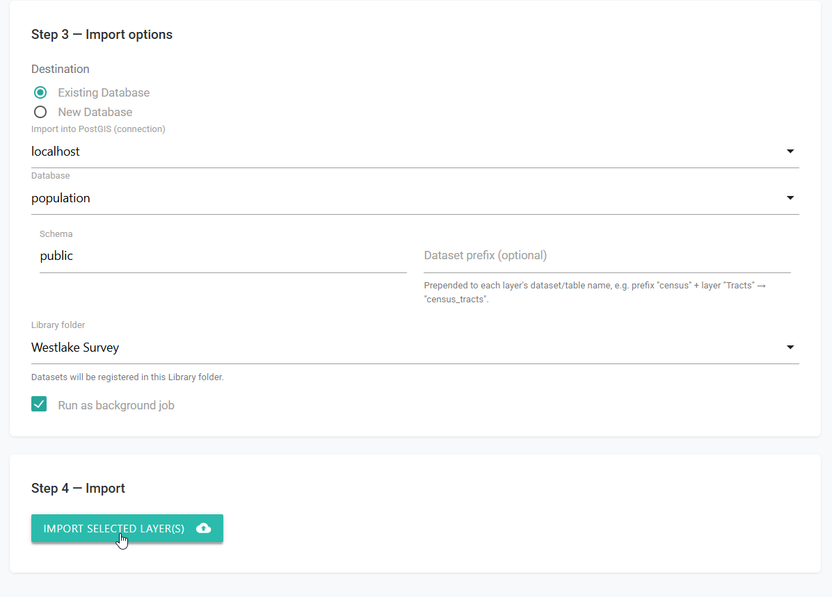 ESRI import options configured for an existing PostGIS database and the Westlake Survey folder