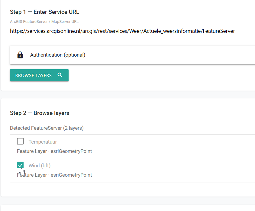 ESRI Import page showing two detected FeatureServer layers with Wind selected