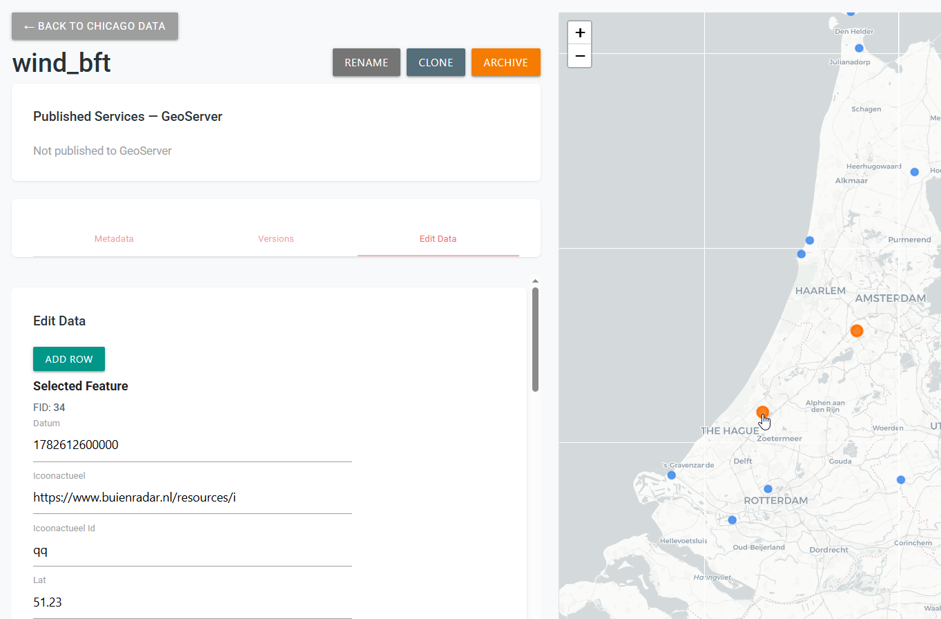 Imported wind_bft dataset showing feature attributes and point locations on the map