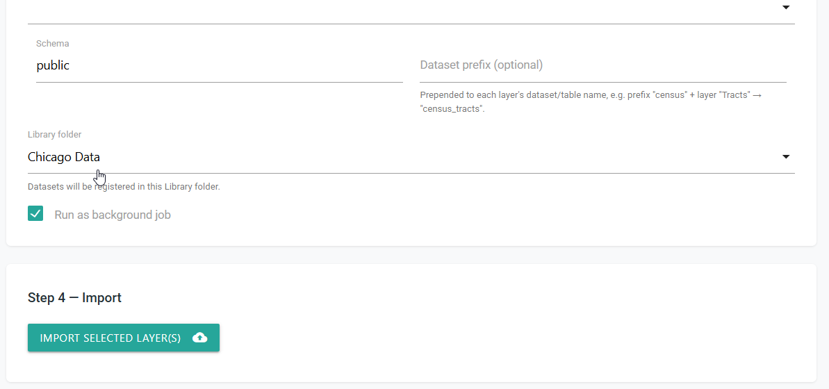 Wizard ESRI import options showing the Chicago Data Library folder and Import Selected Layers button