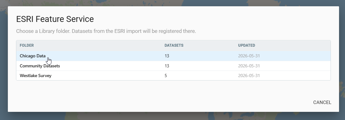 ESRI Feature Service dialog with Chicago Data selected as the Library folder