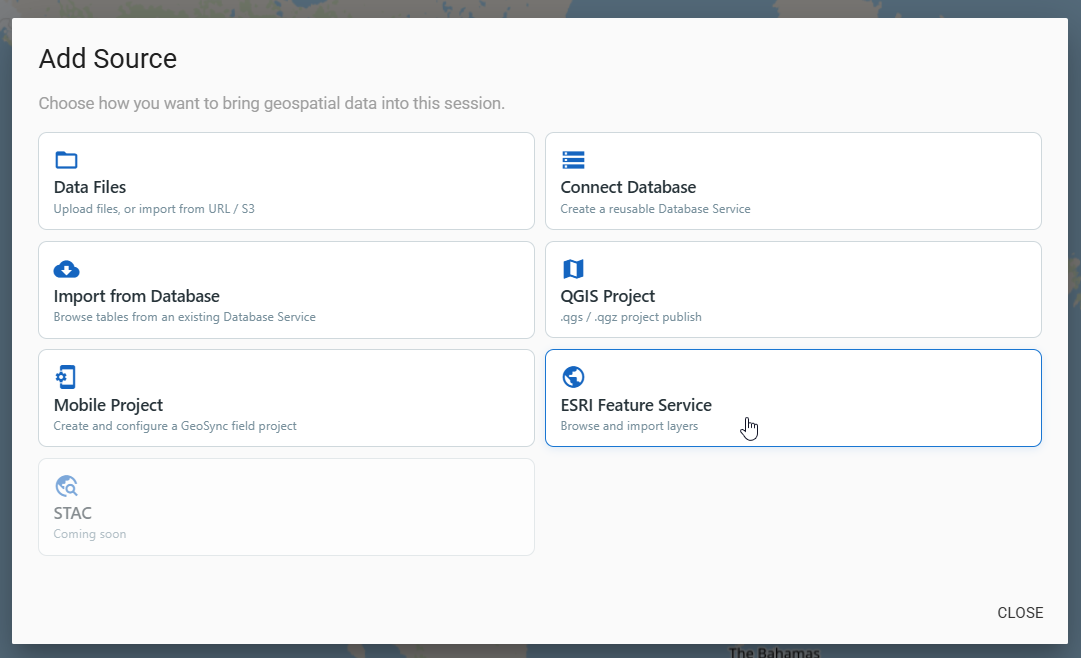 Add Source dialog with ESRI Feature Service selected