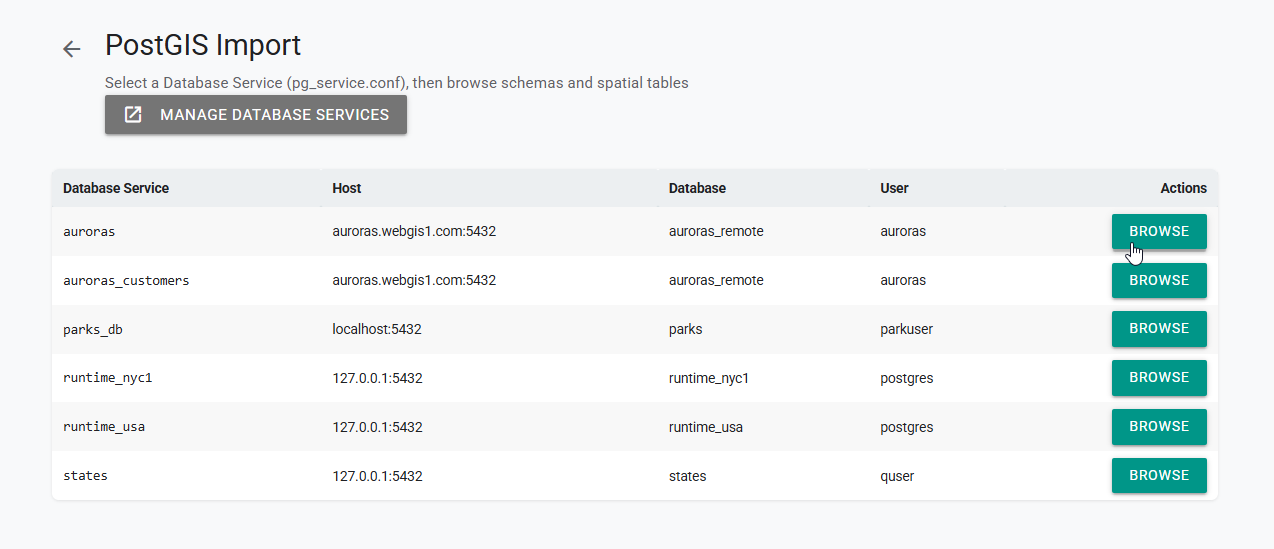 PostGIS Import page listing configured Database Services with Browse selected