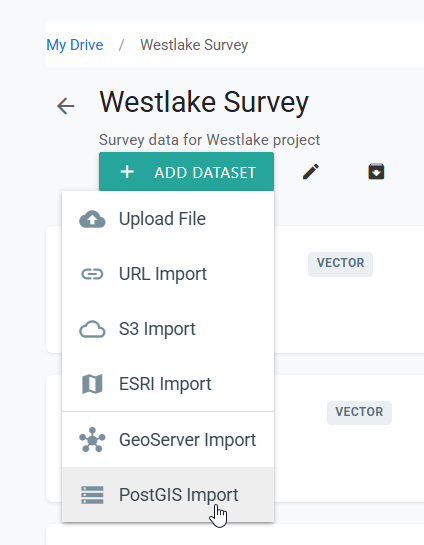 Add Dataset menu in the Westlake Survey folder with PostGIS Import selected