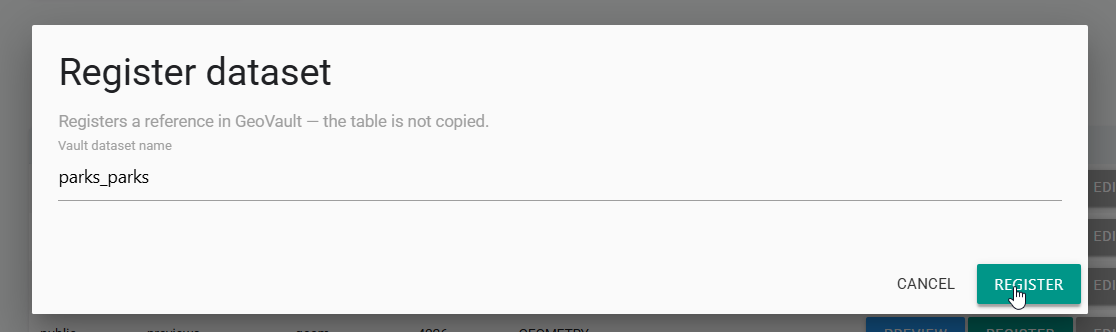 Register dataset dialog with parks_parks entered as the Vault dataset name