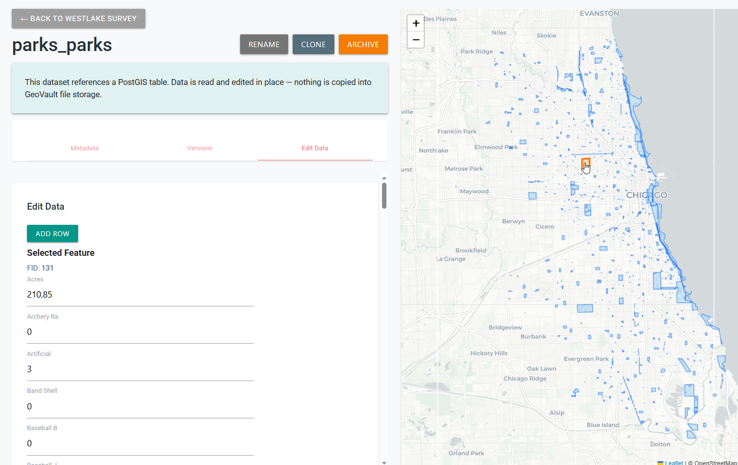 Registered parks_parks PostGIS dataset showing feature attributes and polygons on a map