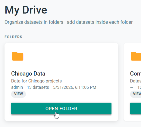My Drive showing the Chicago Data folder and its Open Folder button