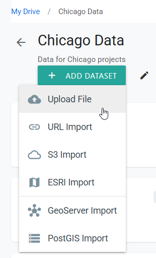 Add Dataset menu in the Chicago Data folder with Upload File selected