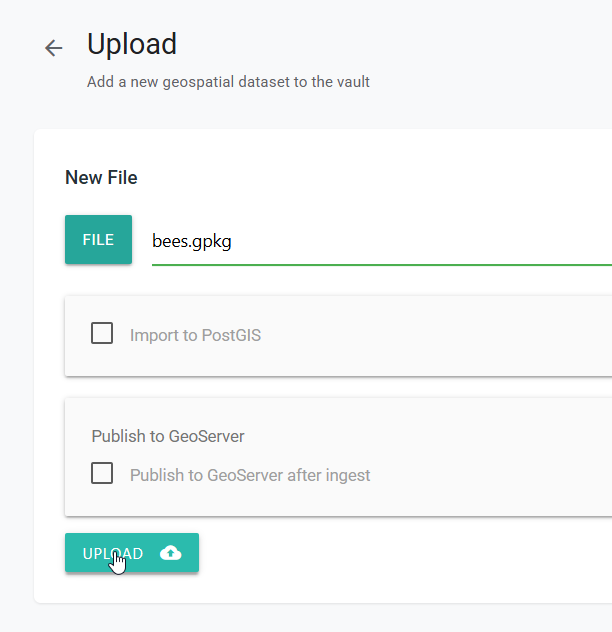Upload page with bees.gpkg selected and the Upload button ready