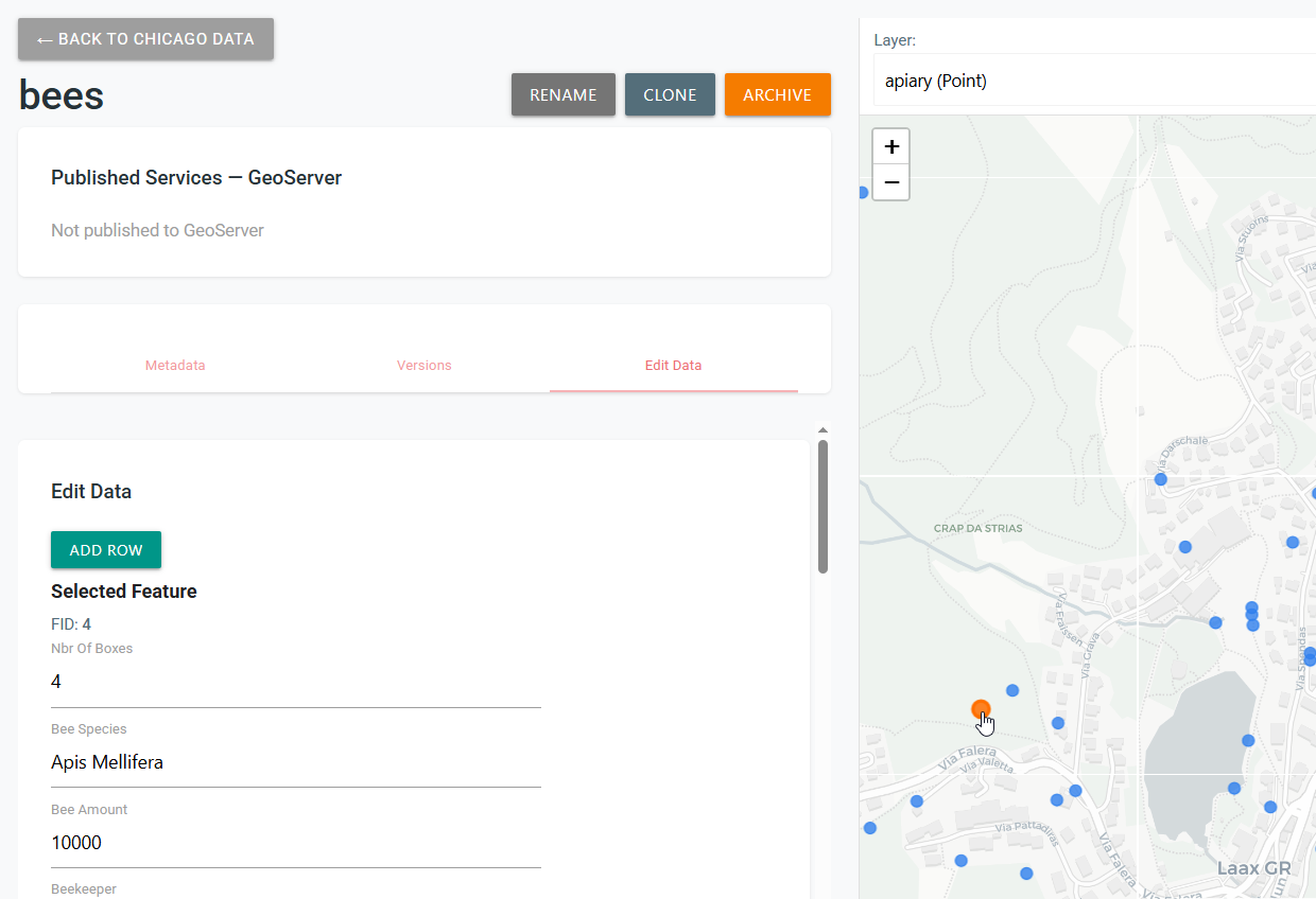 Uploaded bees dataset with feature attributes and points displayed on the map