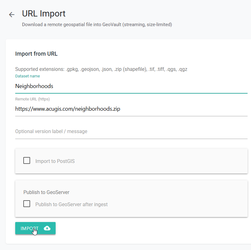 URL Import form containing a dataset name and a remote ZIP file URL