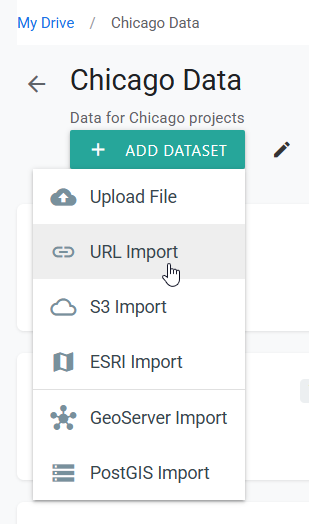 Add Dataset menu in the Chicago Data folder with URL Import selected