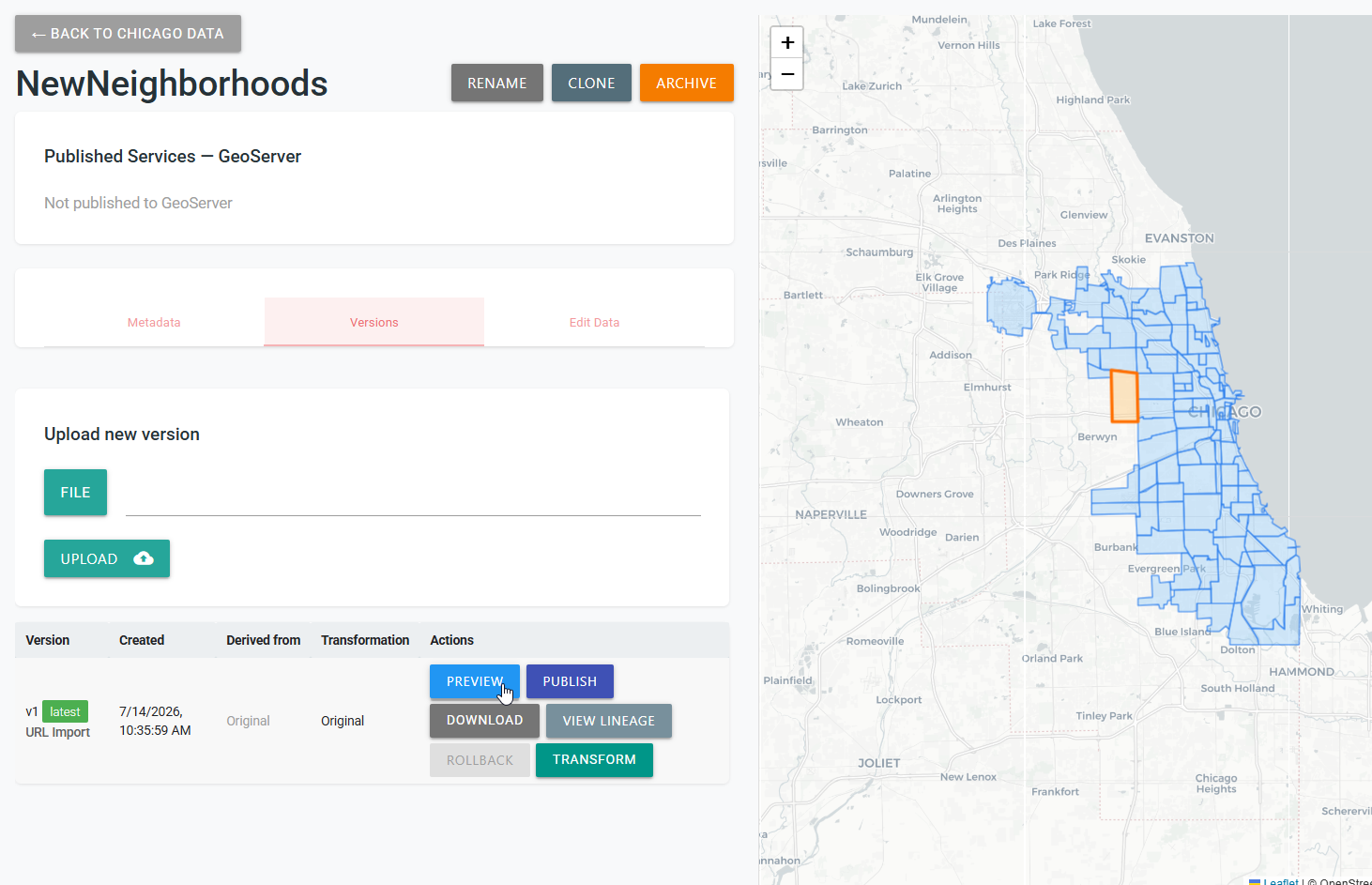 NewNeighborhoods Versions tab showing the latest URL import and polygon preview