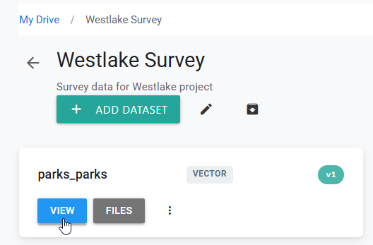 Westlake Survey Library folder showing the imported parks_parks vector dataset