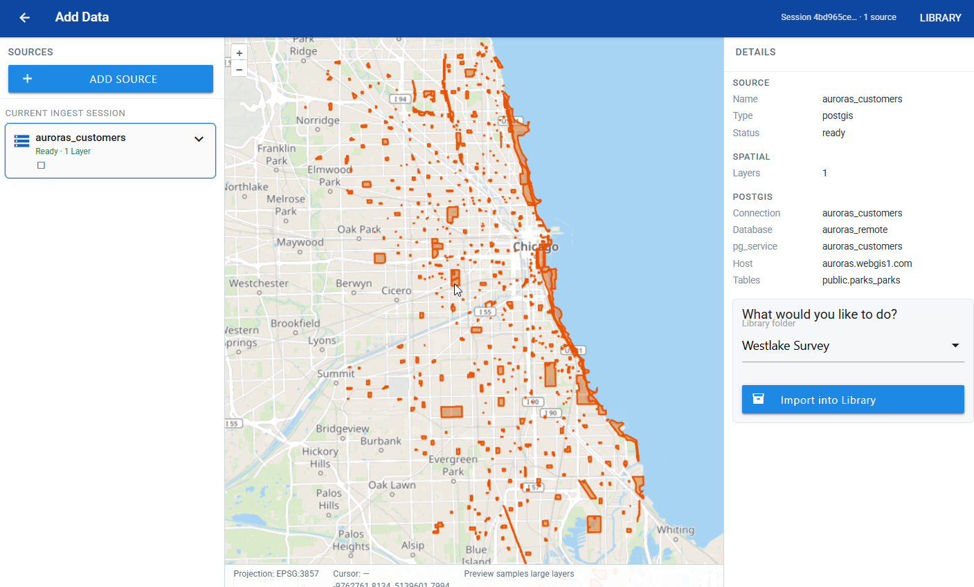 Wizard Add Data workspace previewing parks_parks with its PostGIS source details