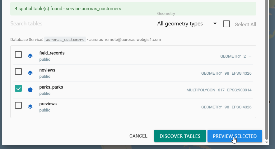 Discovered PostGIS tables with parks_parks selected and Preview Selected highlighted