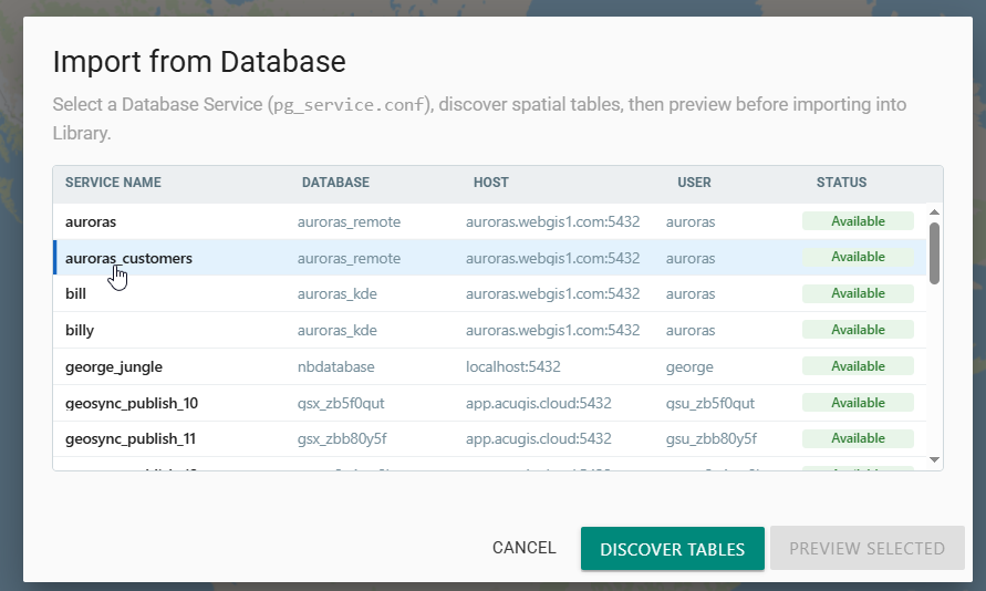 Import from Database dialog with the auroras_customers service selected and Discover Tables available