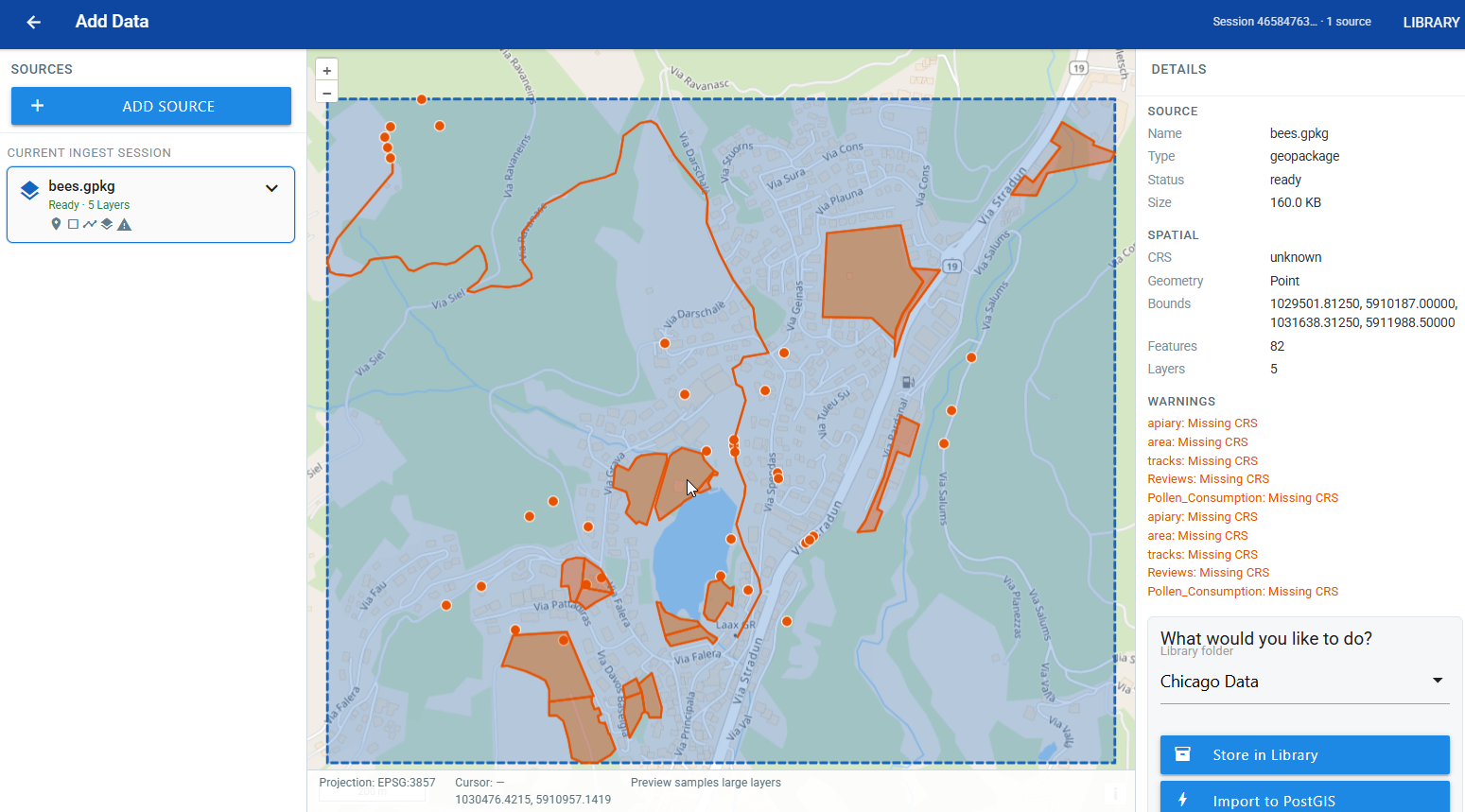 Add Data workspace previewing bees.gpkg with source details and CRS warnings
