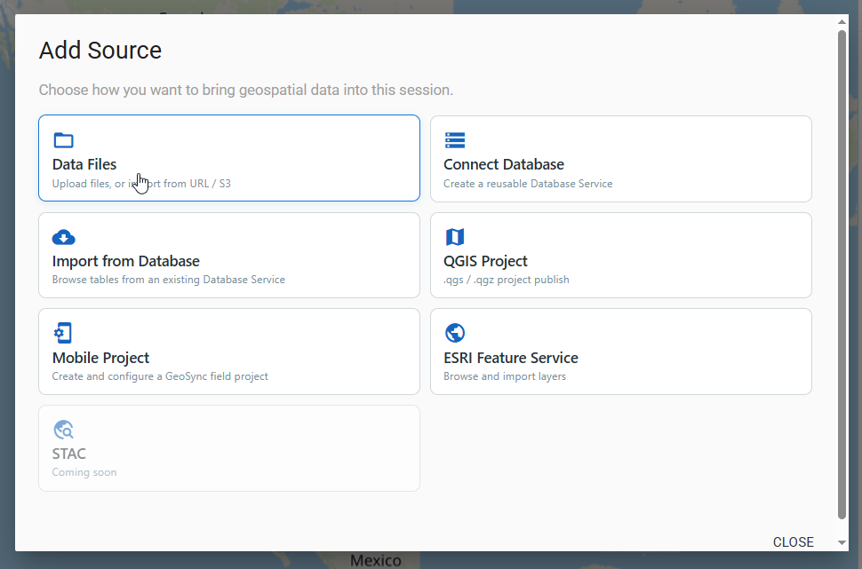 Add Source dialog with Data Files selected