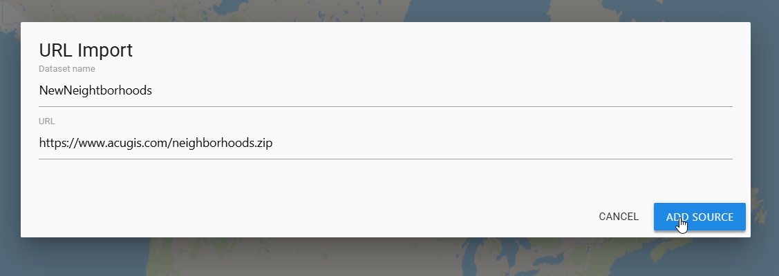 Wizard URL Import dialog with NewNeighborhoods and a remote ZIP file URL