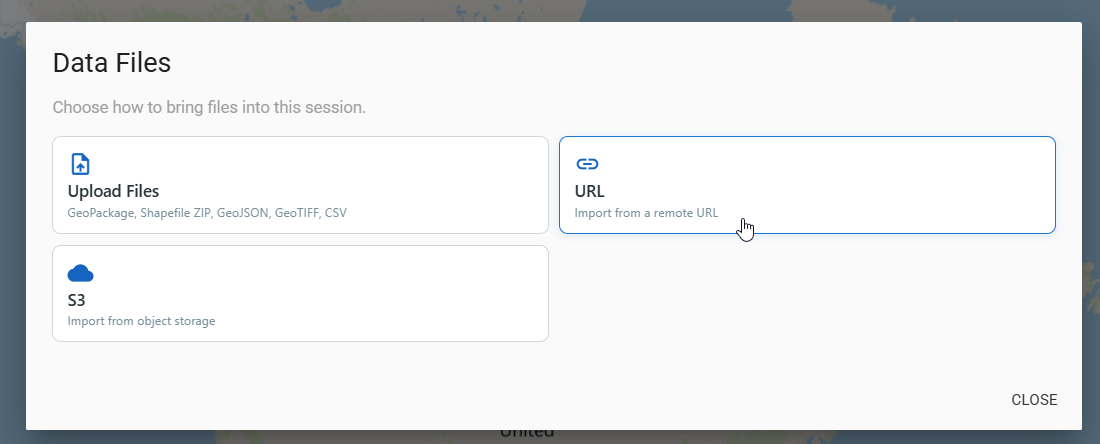 Data Files dialog with URL selected