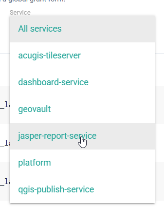 Service filter listing the platform services available on the permissions page