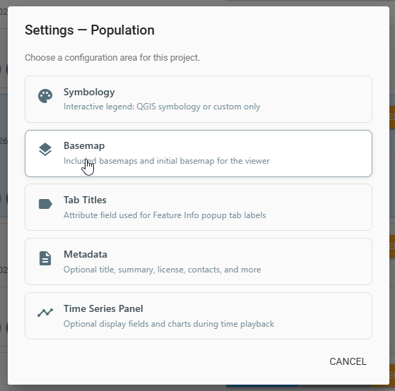 Settings menu with Basemap highlighted