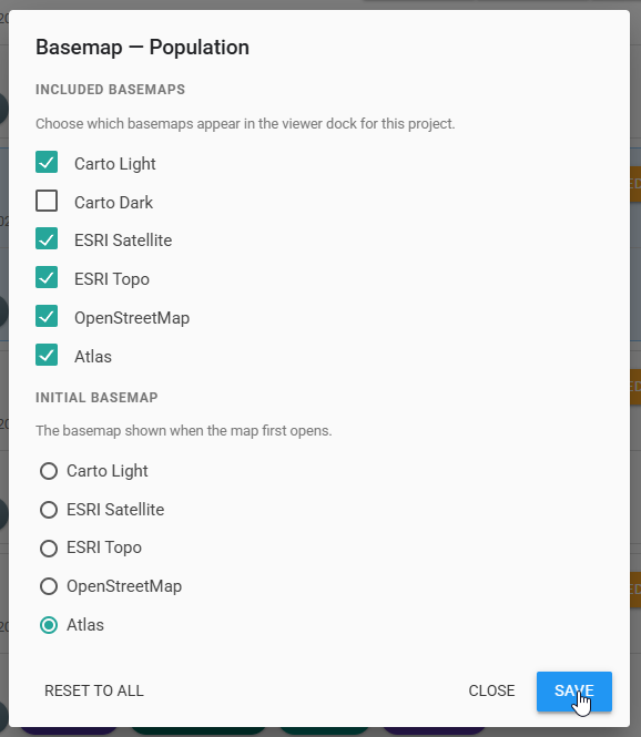 Basemap dialog with included basemaps and Atlas selected as the initial basemap