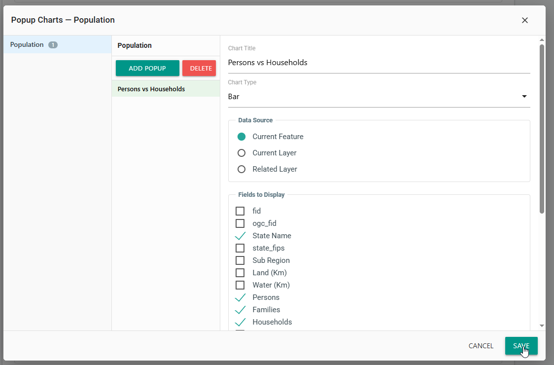 Popup Charts dialog configuring a Persons vs Households bar chart for the Population layer