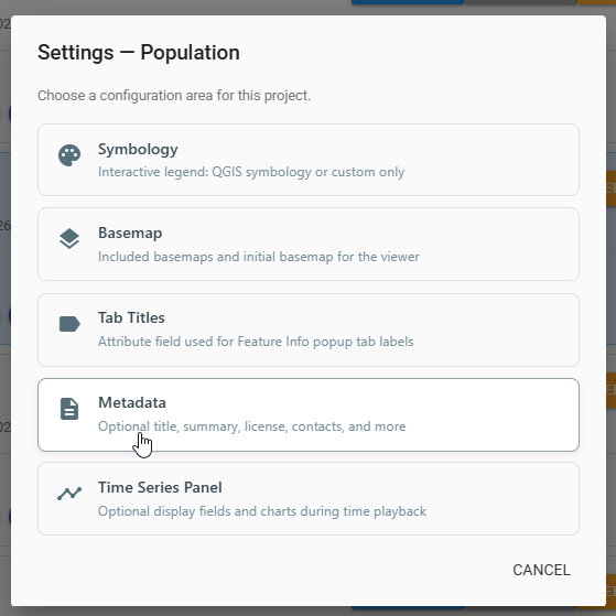 Settings menu with Metadata highlighted