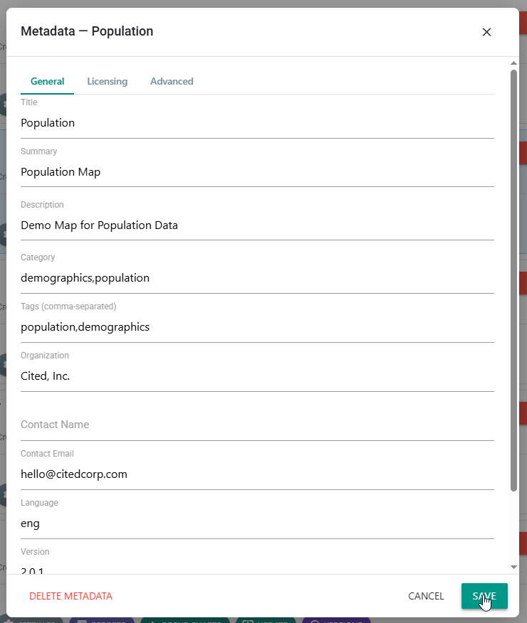 Metadata editor on the General tab with title, summary, tags, and contact fields
