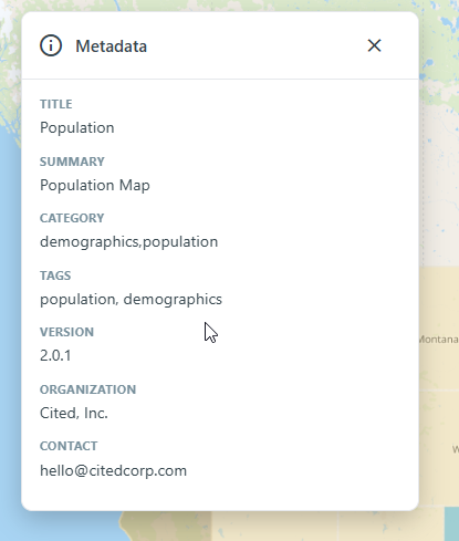 Read-only Metadata panel in the map viewer showing title, tags, version, and contact