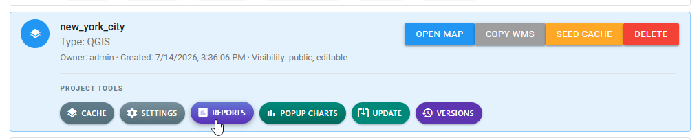 Published map card with the REPORTS project tool highlighted